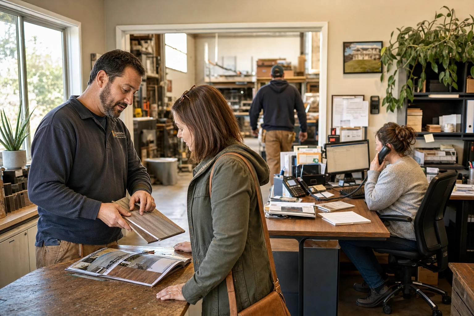 Busy local service business handling an in-person customer and a phone booking at the same time