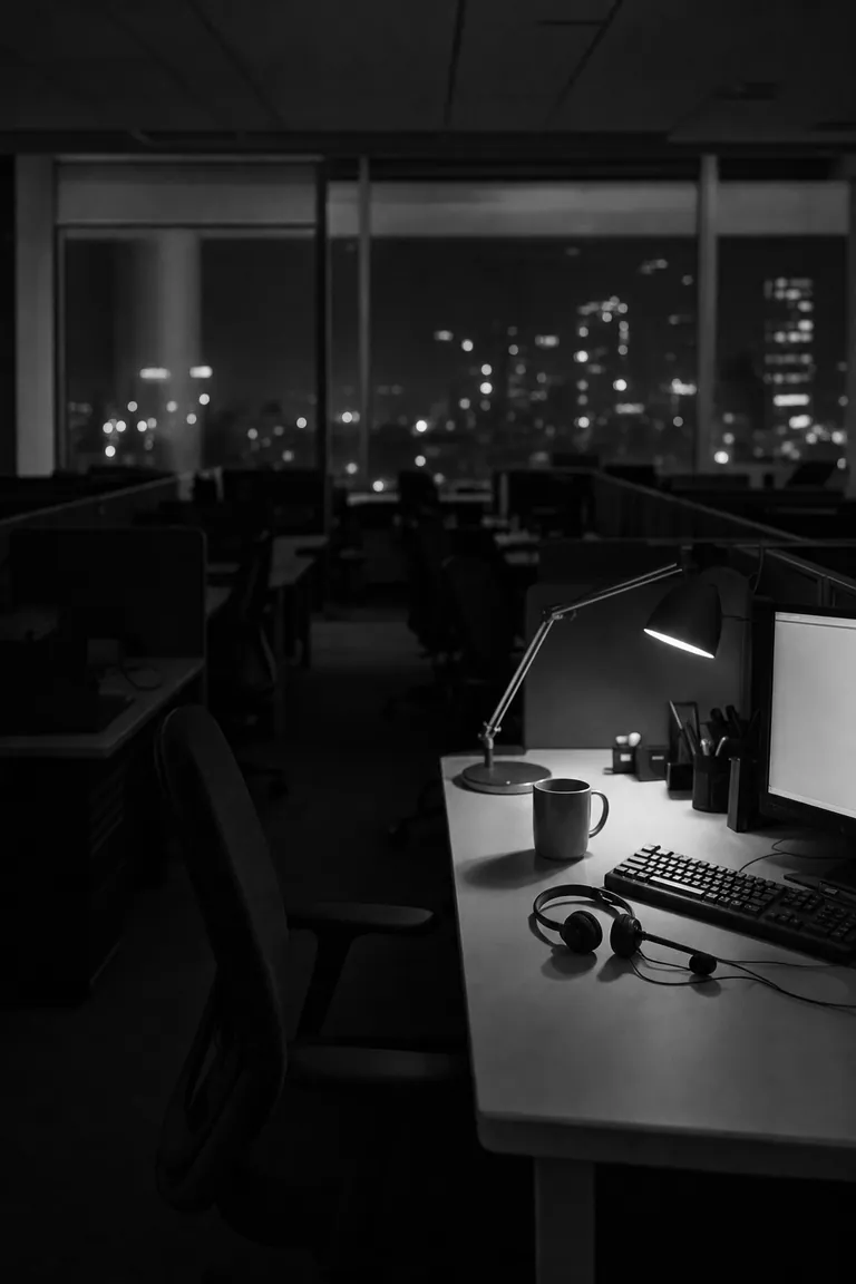 A single lit desk with a headset on an otherwise empty overnight call centre floor.